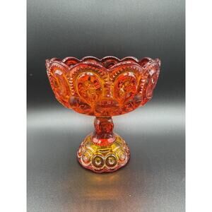 L E Smith Compote Bowl Moon & Stars Amberiana Red Yellow Glass Vintage